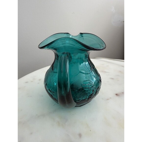 Vintage Empoli Italian Art Glass Pitcher 4.5” Grape Leaf Hand Blown Italy Teal - Picture 5 of 8